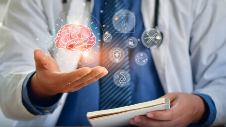 Doctor surgeon and neurologist use robotic and medical technology diagnose and examine patient brain with intelligence software. AI, Innovation,
